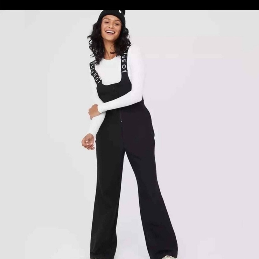 aerie Black Wide-Leg snow or ski bibs Overalls with Branded Straps